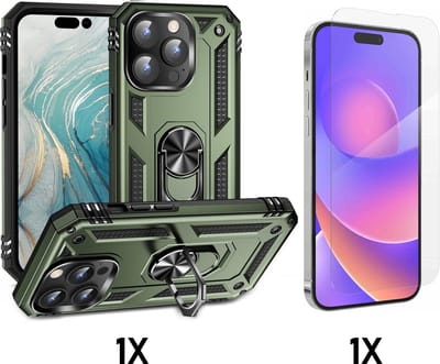 Casemania Hoesje Geschikt voor Apple iPhone 15 Pro - Groen / Glazen Screenprotector - Anti-Shock Hybrid Armor Back Cover - Hoes met Kickstand Ring