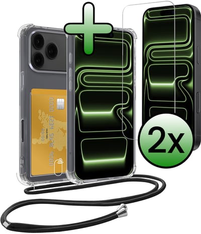 Hoes Geschikt voor iPhone 17 Pro / 18 Pro Hoesje Pas Houder Shock Proof Case Hoes Met Koord Met 2x Screenprotector - Hoesje Geschikt voor iPhone 17 Pro / 18 Pro Hoes Met Telefoonkoord Pasjeshouder Cover - Transparant