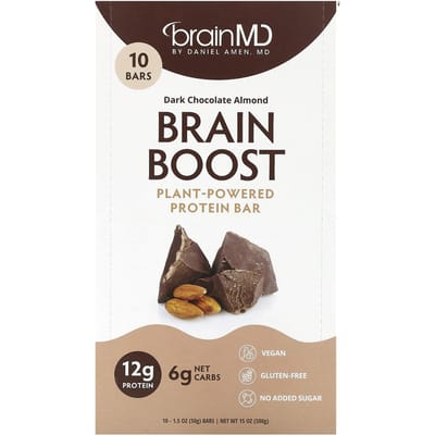 BrainMD, Brain Boost, Barres protéinées végétales, Chocolat noir et amandes, 10 barres, 42 g (50 grammes) Chaque