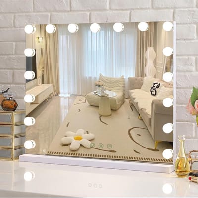 Make-upspiegel met Verlichting en Dimbare Verlichting | Hollywood Spiegel met 3 Lichtkleuren en Touchfunctie | Tafelspiegel met 10x Vergrootglas | 80x55cm