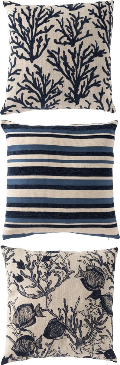 J-Line kussen Koraal/Strepen Vierkant - polyester - blauw/wit - set van 3