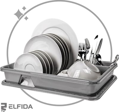 Elfida Home Afdruiprek met lekbak - afdruiprek grijs metallic - grijze afdruiprekken met een kliksysteem van Elfida - 2-delige set rek en lekbak onderzetter