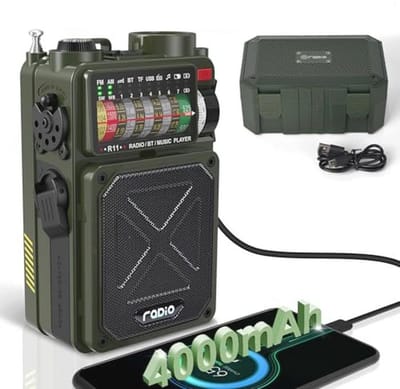 Emergency Crank Radio met Bluetooth, Flashlight en SOS Alarm - Oplaadbaar via USB, Handcrank & Zonne-energie voor Noodopvang en Kamperen