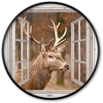 Poster in lijst Rond - Fotolijst 60x60 cm - Posters - Hert - Dier - Bos - Herfst - Hertenkop - Bruin - Doorkijk - Ronde posterlijst zwart - Decoratie - Wanddecoratie woonkamer - Muurdecoratie slaapkamer
