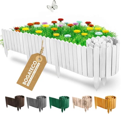 BOGATECO | Houten schutting voor randen | Houten strips | Rolhek 10 cm hoog x 200 cm lang | Houten hek | Palissadehek Ideaal als border of pad | Wit