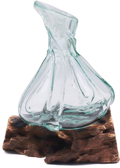 Ancient Wisdom - Decoratieve fles - Mini-karaffe multikleur van recycled glass op houten voet 24 cm - Sierfles - Glazen fles - Interieur - Accessoire - Cadeau