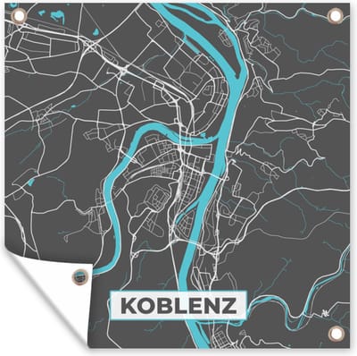 Tuin poster Duitsland – Blauw – Koblenz – Stadskaart – Kaart – Plattegrond - 200x200 cm - Tuindoek