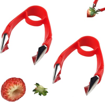 2 stuks- aardbeienclip - Aardbeiensteelverwijderaar - Ananas- en tomatenontkerner - Oogverwijderaar voor fruit en groenten - Fruitsteelscheider - Pitverwijderaar - 9,5 x 2 cm - Felrood - Geschikt voor in de keuken