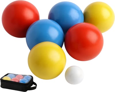Lomera Houten Jeu de Boules - 7-delig Jeu de Boules - 2 Rode Ballen - 2 Gele Ballen - 2 Blauwe Ballen - Kleine Witte Bal - Petanque Spel - Buitenspel Set - voor Buitengebruik - Kleurrijke Ballen