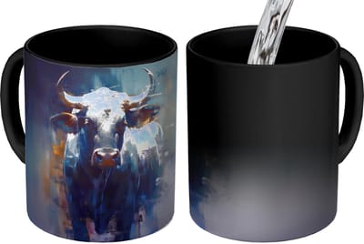 Magische Mok - Foto op Warmte Mokken - Koffiemok - Stier - Zwart - Abstract - Horens - Magic Mok - Beker - 350 ML - Theemok
