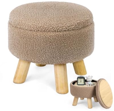 LIANTRAL Ronde kruk, teddy fluwelen voetenbank met opbergruimte, afneembaar deksel, houten steun, moderne gestoffeerde kruk, make-upkruk voor woonkamer, slaapkamer, 31,7 x 31,7 x 28 cm, camelbruin