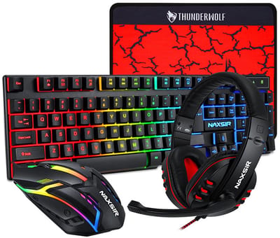 NAXSIR 4-in-1 Gaming Bundle – Mechanisch Toetsenbord + Koptelefoon + Muis met RGB Verlichting – Complete Set voor PC/Gaming – Plug & Play