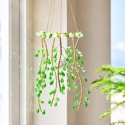 Kristallen Wilgentakken Suncatcher – Groen – Raamhanger met Kristallen Bladeren – 43 cm – 230 g – Goudkleurig – Hangdecoratie voor Raam, Woonkamer & Tuin – 1 stuk