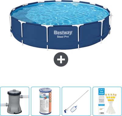 Bestway Rond Steel Pro Zwembad - 396 x 84 cm - Blauw - Inclusief Pomp Filter - Schoonmaakset - Testrips
