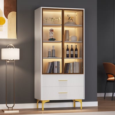 Sweiko Vitrinenschrank, Elegante Doppeltür weißer Vitrinenschrank 70x35x150cm Farbglastür, Goldbeine, bewegliche Regale, mit LED-Leuchten, Kabinett, hohes Kabinett, vertikal,Wit