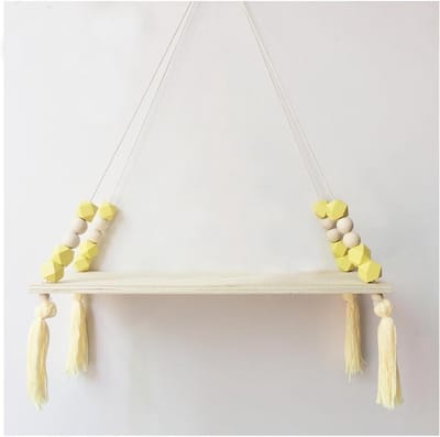 Drijvende Wandplank van Hout met Macramé, Beads en Kwastjes voor Badkamer, Woonkamer en Kinderkamer Decoratie