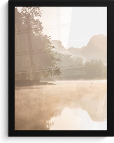 Poster in lijst - Fotolijst 30x40 cm - Posters - Landschap - Bos - Water - Mist - Beige - Posterlijst zwart - Wanddecoratie badkamer - Muurdecoratie WC - Decoratieve accessoires - Toilet muur decoratie