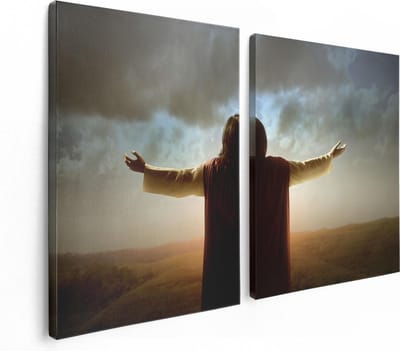 Artaza Canvas Schilderij Tweeluik Jezus Christus aan het Bidden bij Zonsopgang - 120x80 cm - Wanddecoratie Woonkamer - Schilderijen - Muurdecoratie