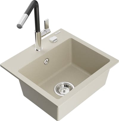 Mexen Milo granieten gootsteen met 1 kom en Flora keukenkraan, beige - 6505-69-670401-07
