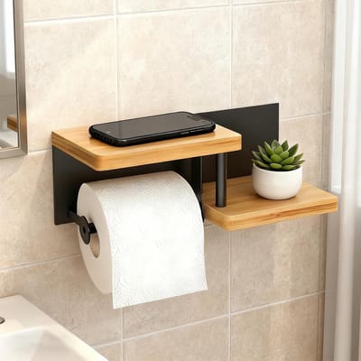 Muurbevestigde toiletpapierhouder met twee houten platen, accessoires voor het ophangen van toiletpapier en kleine voorwerpen, ideaal voor elke badkamer