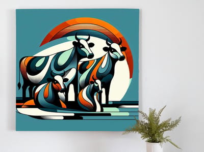 Abstract koeien schilderij | Mysterieuze melodieën: een surrealistische ontmoeting met dansende koeien | Kunst - 60x60 centimeter op Canvas | Foto op Canvas