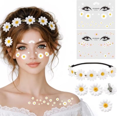 Set van Bloemen Haarbanden met 2 Bloemen, Daisy Haaraccessoires en 4 Haarspelden, Perfect voor Carnaval en Themafeesten, Hippie Stijl en Gezichtstatoeages