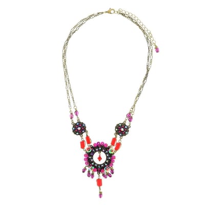 Behave - Ketting - Dames - Antiek Goudkleur - Ronde Fantasie Hanger - Boho Ibiza Stijl - Roze/Rode Kraaltjes - 40 cm