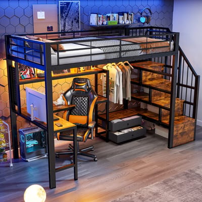 Hoogslaper 90 x 200 cm - met 2 lades en kledingstang - met LED-verlichting - bureau - met opbergtreden - zonder matras - zwart