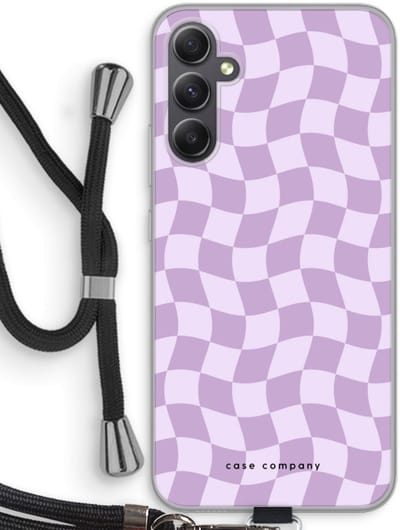 Case Company® - Hoesje met koord geschikt voor Samsung Galaxy A34 hoesje met Koord - Grid Paars - Telefoonhoesje met Zwart Koord - Bescherming aan alle Kanten en Over de Schermrand