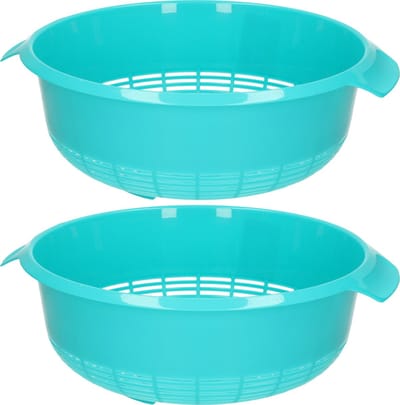 Plasticforte keuken vergiet - 2x stuks - blauw - 27 x 10 cm - kunststof - afgieten van groente en pasta