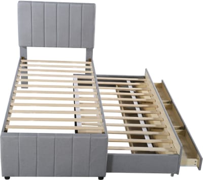 Gotagee Gestoffeerd bed 90 x 200 cm met uitschuifbed en opberglades, linnen bekleding, vlak eenpersoonsbed, kinderbed, jeugdbed, logeerbed (grijs)