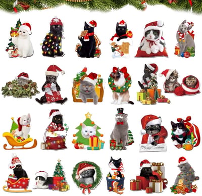 Dailygoods- Kerstboomdecoraties 24 Stuks - Houten Kat Ornamenten - Schattige Kerstversiering - Hangende Hangers - Feestelijke Sfeer - Perfect voor Cadeaus