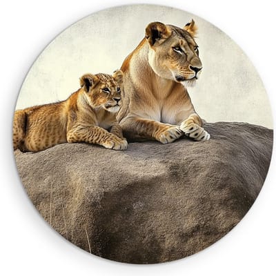 Saammp Muurcirkel Hout - Leeuw met welp op steen - Dieren - Natuur - Ø 90 - Wandcirkel - Wanddecoratie Cirkel - Muurdecoratie Woonkamer - Slaapkamer decoratie - Rond Schilderij