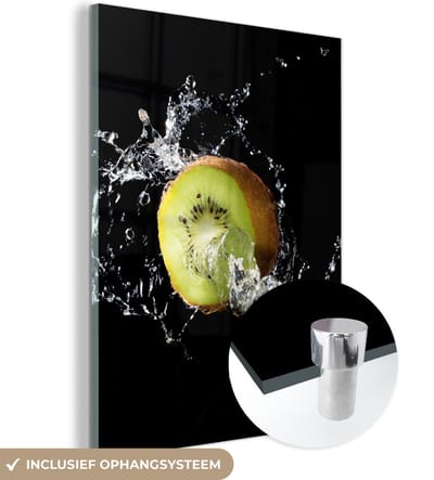 MuchoWow® Glasschilderij 120x160 cm - Schilderij acrylglas - Kiwi - Fruit - Stilleven - Water - Zwart - Foto op glas - Schilderijen
