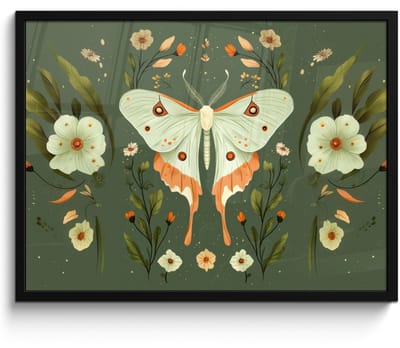 Poster in lijst - Fotolijst 70x50 cm - Posters - Bloemen - Bladeren - Olijfgroen - Vlinder - Posterlijst zwart - Decoratie - Wanddecoratie woonkamer - Muurdecoratie slaapkamer