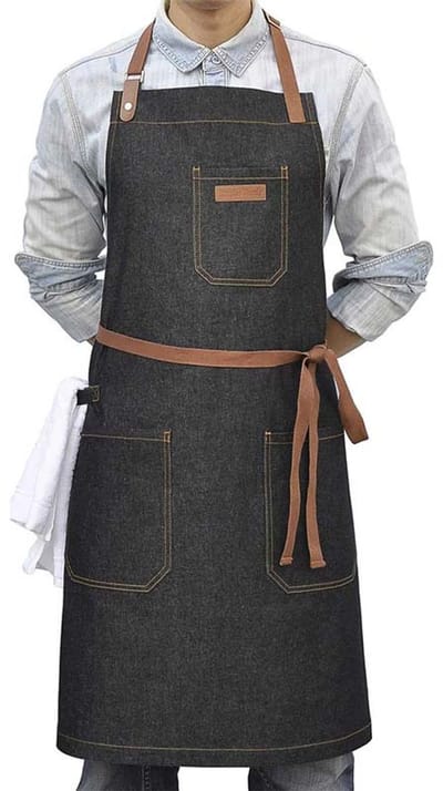 Denim Chef-schort met zakken, professionele keukenschort, zwart schort voor mannen en vrouwen voor het koken, grillen en wachten, met handdoeklus en verstelbare nekband