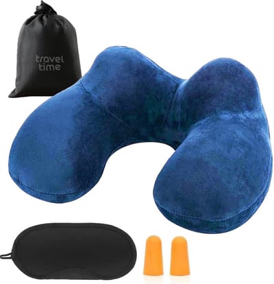 Traveltime Opblaasbaar Nekkussen met Opbergtasje - Vliegtuig Kussen - Reiskussentje - Fluweel - U-Vorm - Blauw