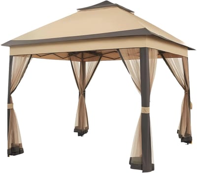 Buitentuinhuisje – Voor buitengebruik in tuin of patio – UV- en regenbestendig, met 4 afneembare muskietennetten en dubbele dakrand, opvouwbaar – 330x330 cm, khaki en bruin