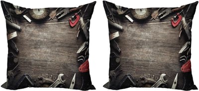 ABAKUHAUS industriële decoratieve kussenslop set van 2, grungy gereedschap, 40x40 cm, bruin, grijs, rood