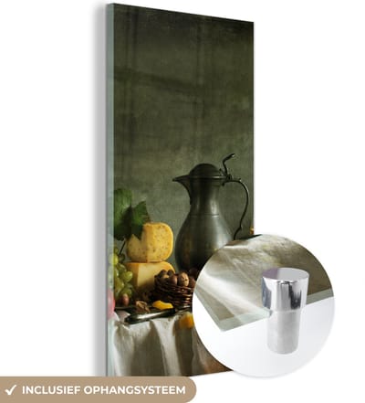 MuchoWow® Glasschilderij 60x120 cm - Schilderij acrylglas - Rustiek - Kaas - Theekan - Fruit - Stilleven - Foto op glas - Schilderijen