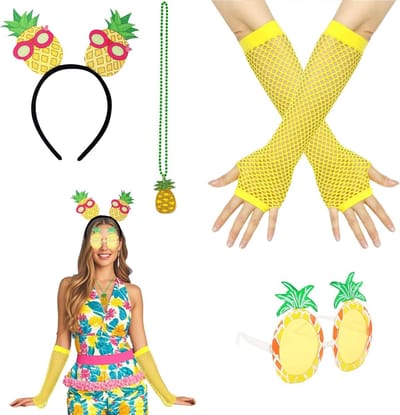 Complete Set voor een Ananas Kostuum met Hoofdband, Bril, Gele Handschoenen en Ketting voor Vrouwen - Perfect voor Feestjes en Carnaval