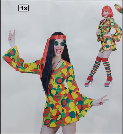 Carnavals jurk rood/geel/groen hippy mt.M - Carnaval optocht thema feest party fun