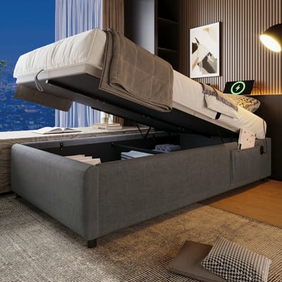 VVBV Gestoffeerd Eenpersoonsbed 90x190 cm met Hoofdbord, Lattenbodem - USB - Linnen Grijs