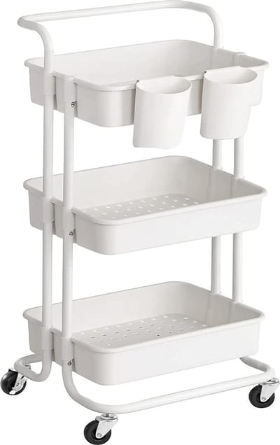 Nancy's Terrytown Keukentrolley - 3 Niveaus - Serveerwagen - Handvat - 2 Bakjes - Kunststof - Wit/Zwart - Staal - 41.6 x 33.5 x 86.3 cm