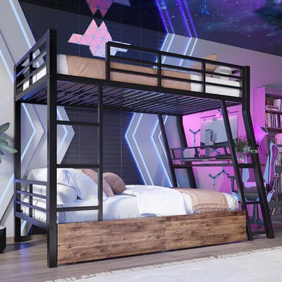 Komhtom Stapelbed, 90 x 200 cm, ijzeren frame, LED-strip, lades, leuning, trap, bureau, zonder matras, zwart