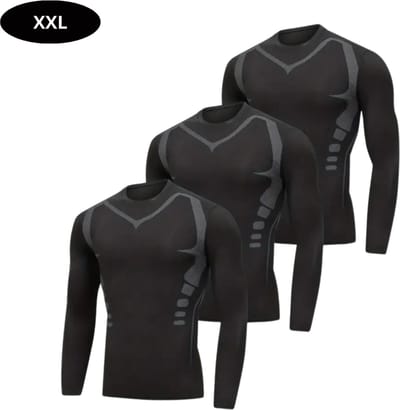 Livano Sportshirt Heren - Sport - Fitness - Compressie Shirt - Corrigerend Hemd - Sportkleding - Mannen - 3 Stuks - Zwart - XXL
