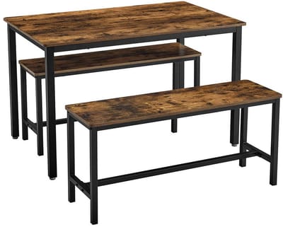 Eettafel, keukentafel set, 110 x 70 x 75 cm, met 2 banken elk 97 x 30 x 50 cm, metalen frame, voor keuken, woonkamer, eetkamer, industrieel ontwerp, vintage bruin-zwart KDT070B01