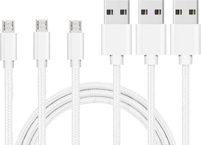 3x Micro USB naar USB A Nylon Gevlochten Kabel Zilver Wit - 1 meter - Oplaadkabel voor Samsung Galaxy J5 2017 (J530) / J5 2016 (J510) / J5 2015 (J500) / J3 2017 (J330) / J3 2016 (J320) / J1 2016 (J120) / J1 2015 (J100)