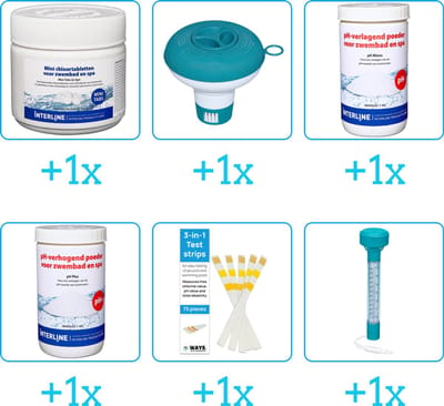 Zwembad Onderhoudspakket - Onderhoud Zwembad - bevat Chloor - Chloordrijver - PH-min - PH-plus - Testrips en Thermometer (6-delig)