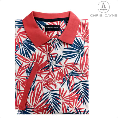 Chris Cayne heren poloshirt - M - geprint - bladpatroon - jersey - offwhite/koraalrood/blauw - borstzak - middelgroot bladmotief